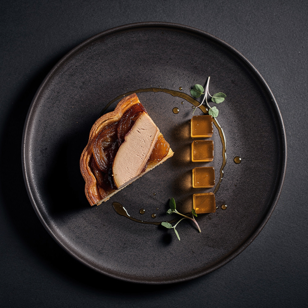 Tarta tatin salada de foie gras y cebolla roja caramelizada invertida sobre masa hojaldrada con dados de gelatina de Armagnac y aceite de nuez