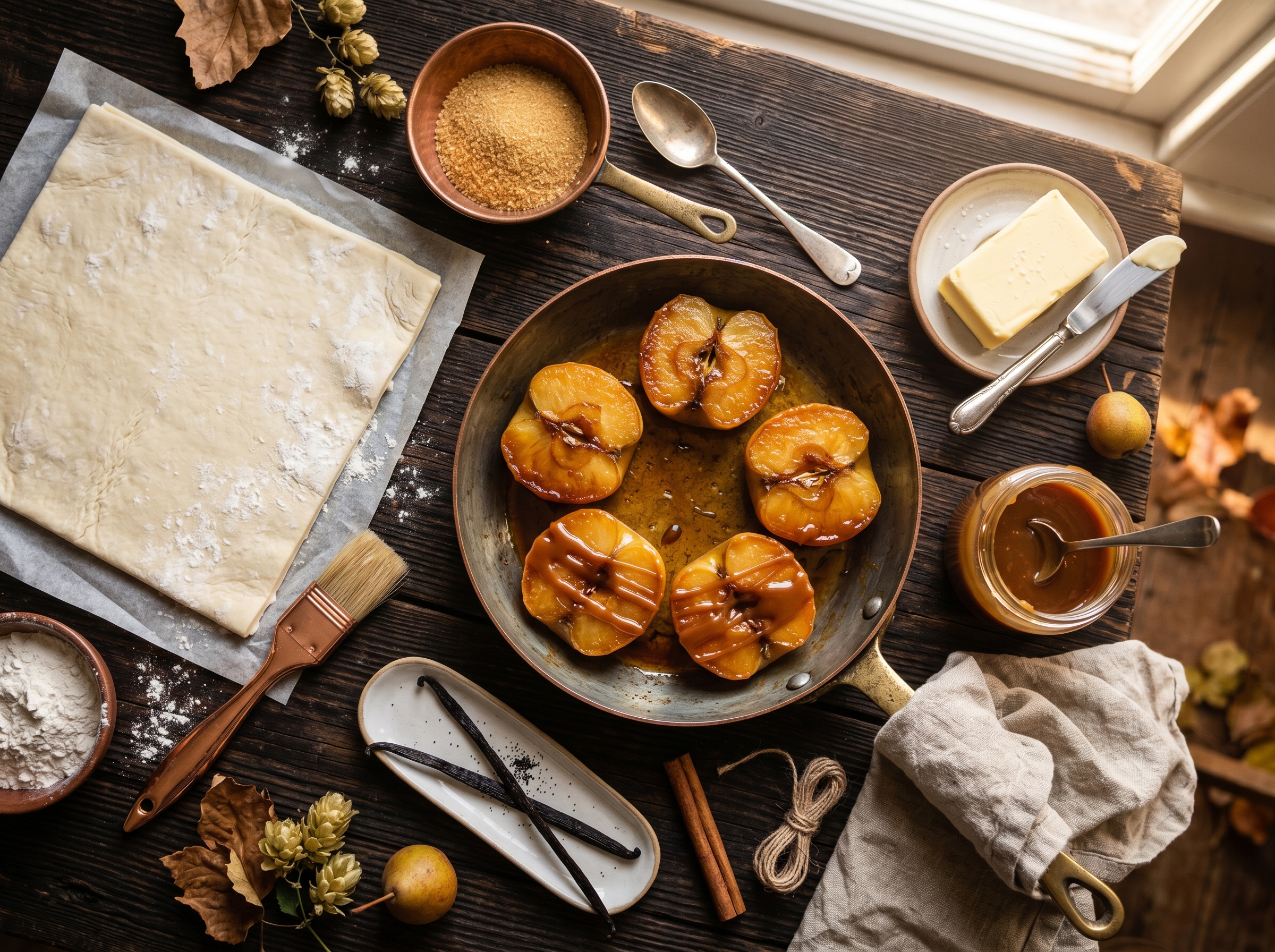 Flat lay ingredientes de la Tatin deconstruida