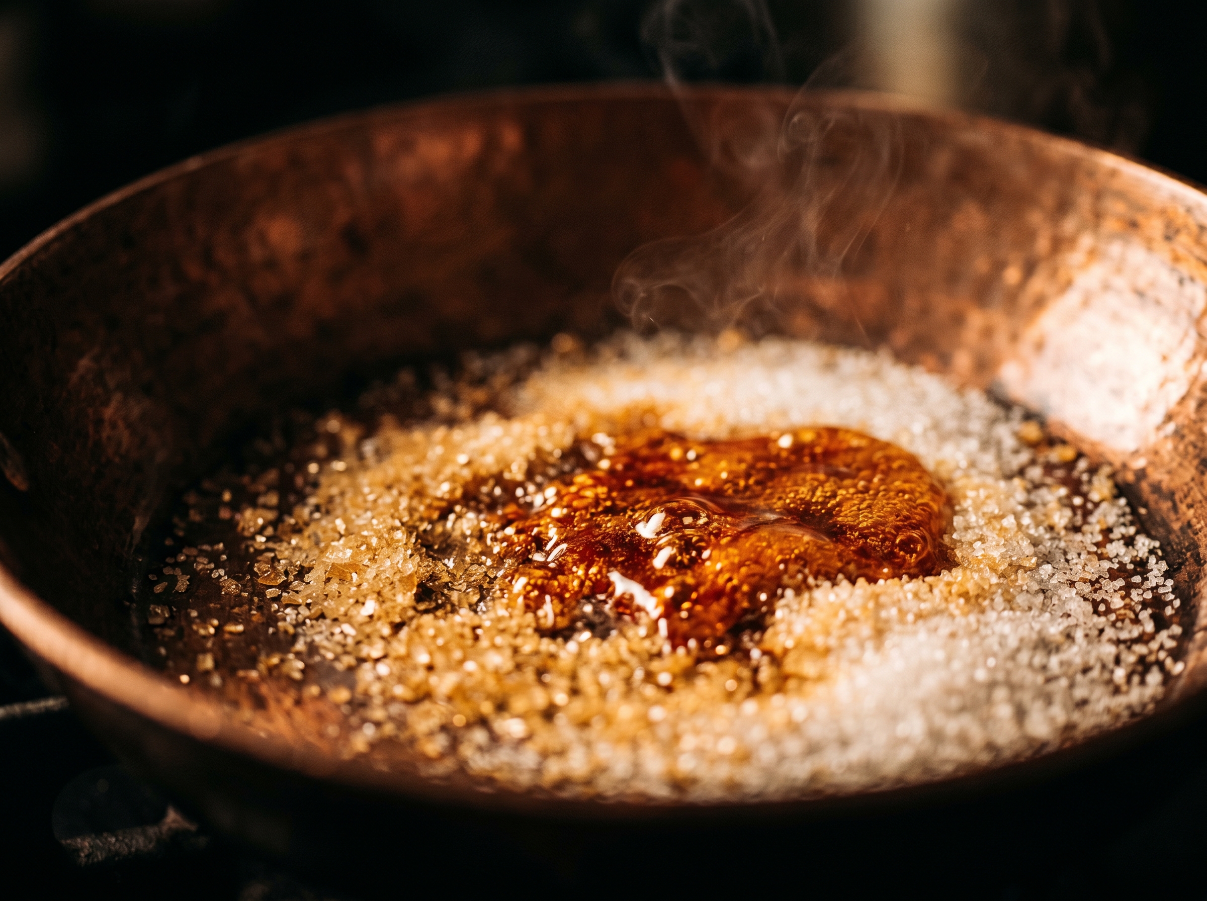 Caramelo en seco alcanzando el punto ámbar perfecto a 165°C