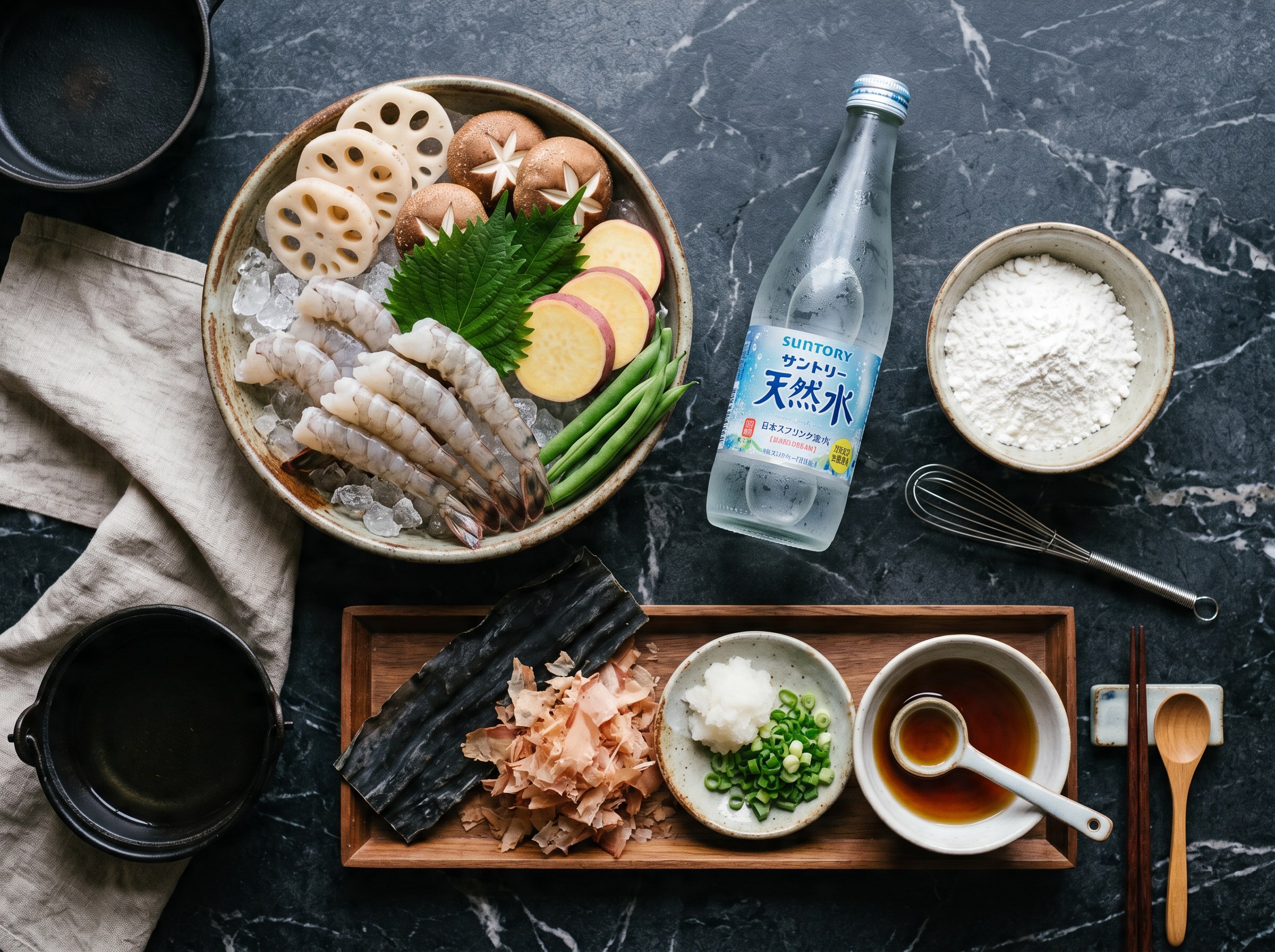 Ingredientes tempura kaiseki: langostinos, verduras de temporada, harina de arroz, hielo
