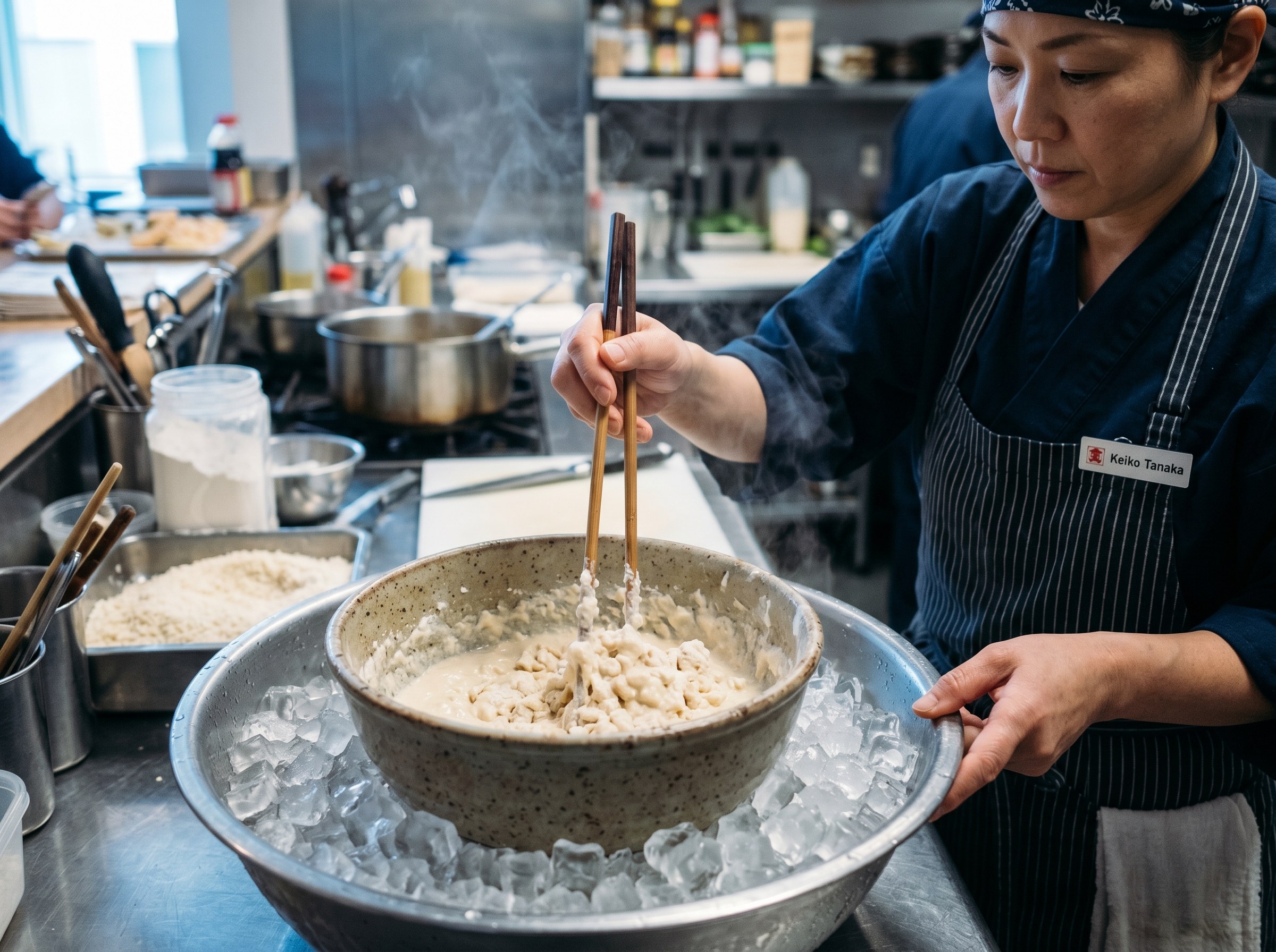 Masa de tempura kaiseki mezclndose con agua helada, grumos esenciales visibles