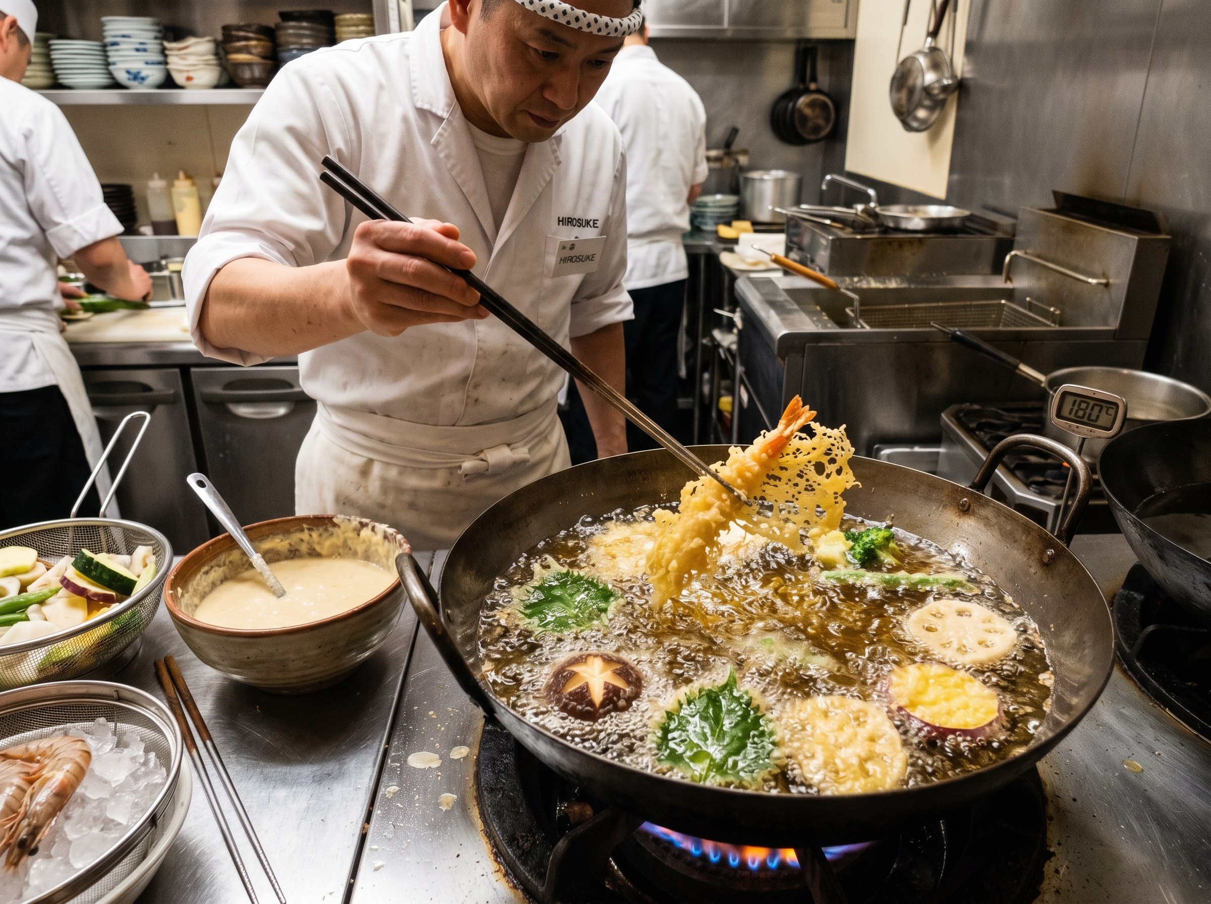 Verduras y langostinos en tempura friendose en aceite a 175°C