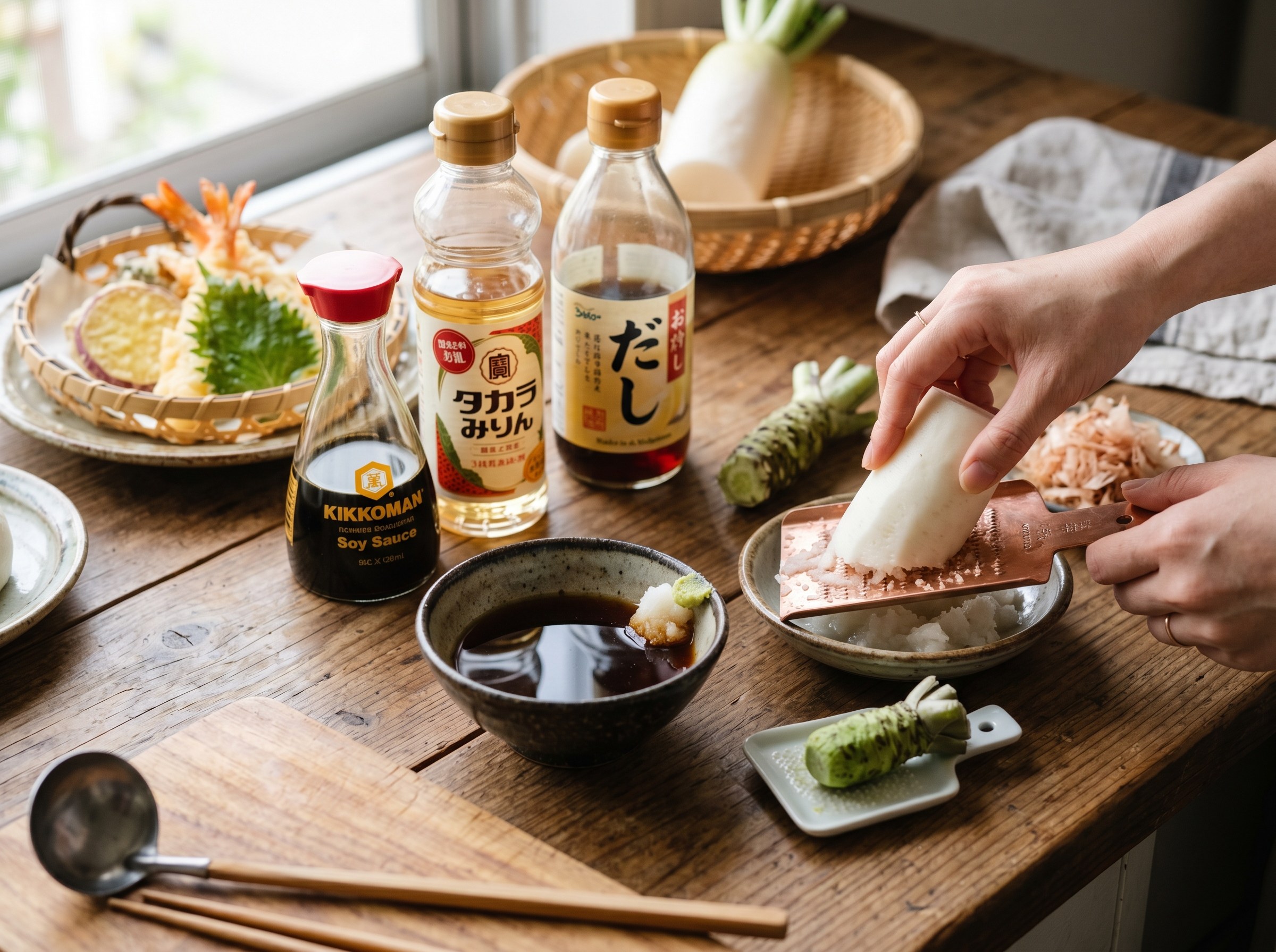 Salsa tentsuyu con dashi, mirin y soja, daikon rallado al lado