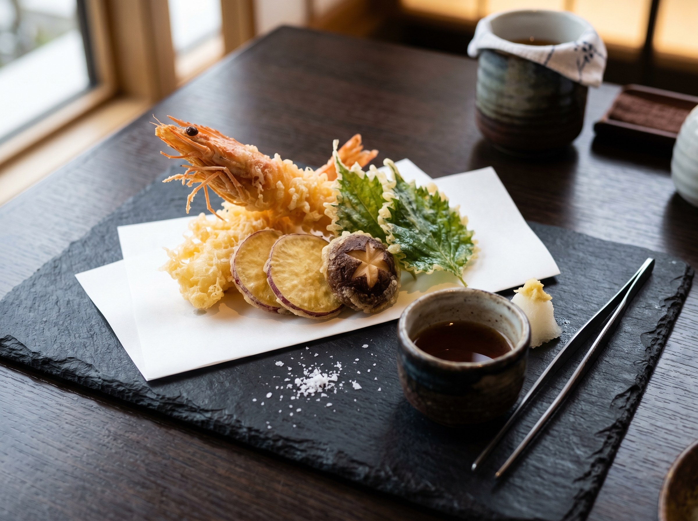 Tempura kaiseki emplatada sobre papel blanco en pizarra con salsa tentsuyu