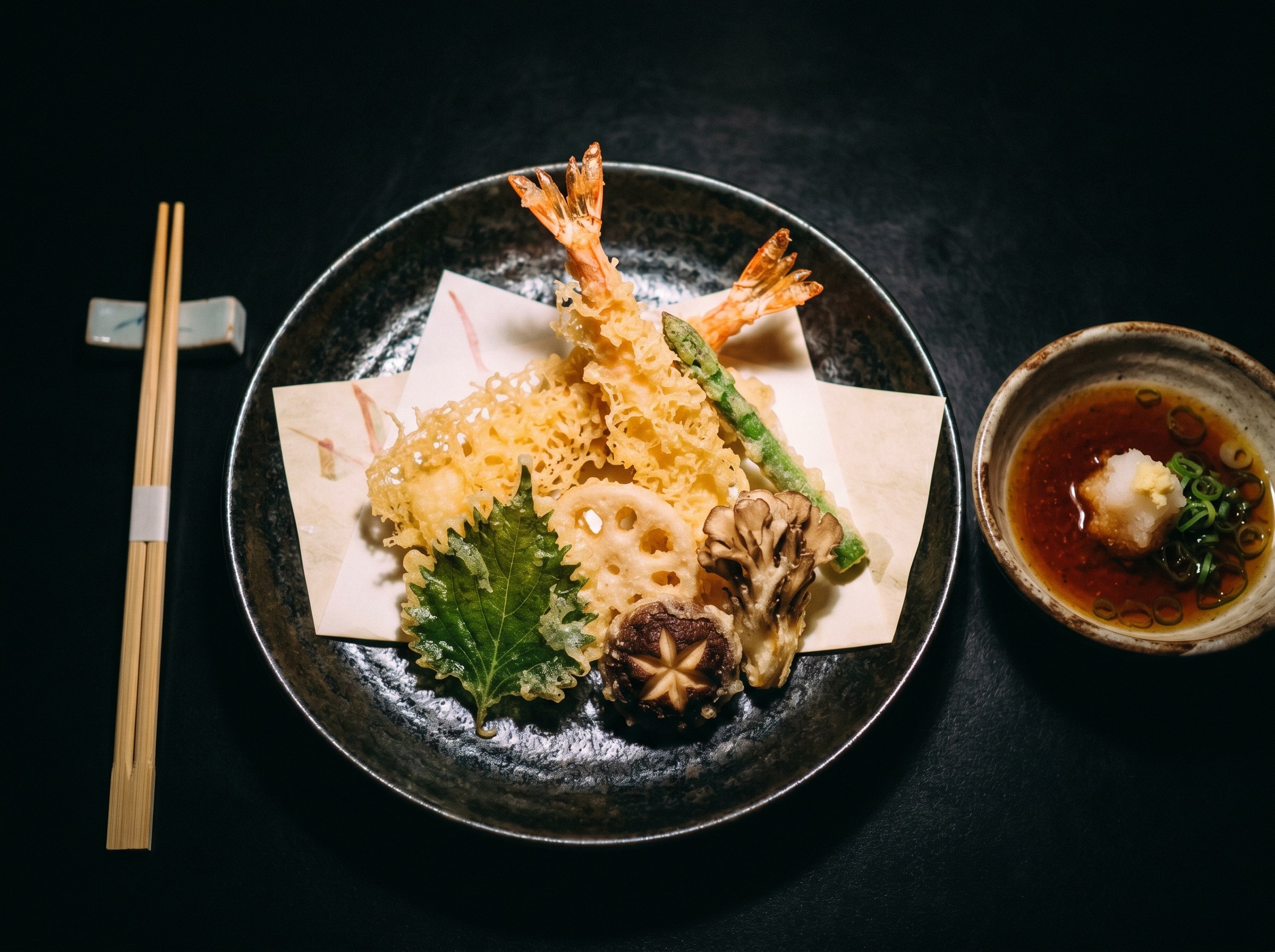 Hero shot: tempura kaiseki con costra dorada encaje, langostino y verduras