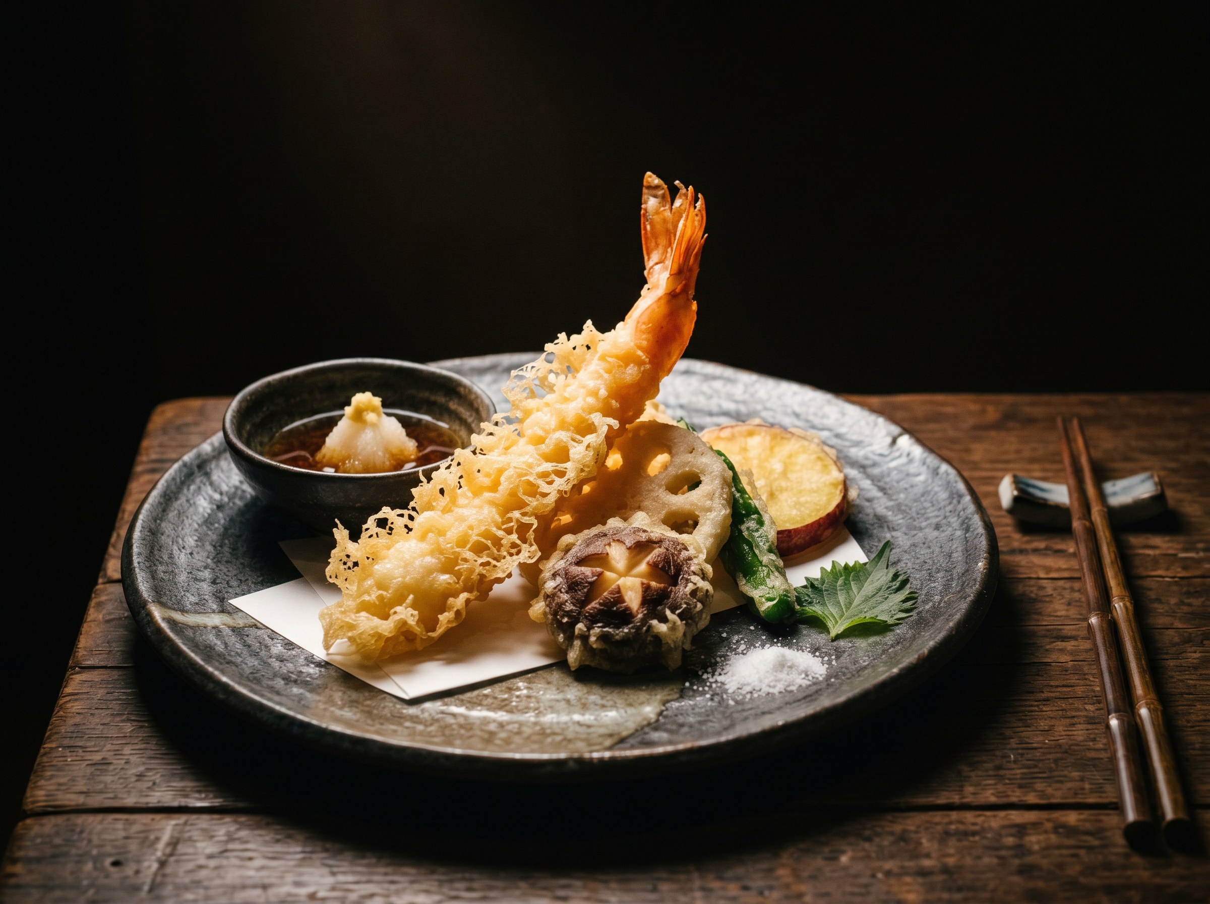 Hero final: tempura kaiseki con costra encaje dorada y salsa tentsuyu