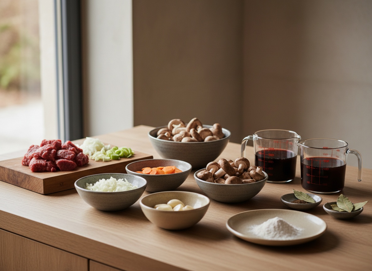 Bodegón de mise en place sobre mesa de madera: dados de morcillo crudo en bandeja, cuencos gris piedra con cebolla, zanahoria y puerro picados, ajos, setas limpias, harina, laurel, y el vino y el caldo en medidores.