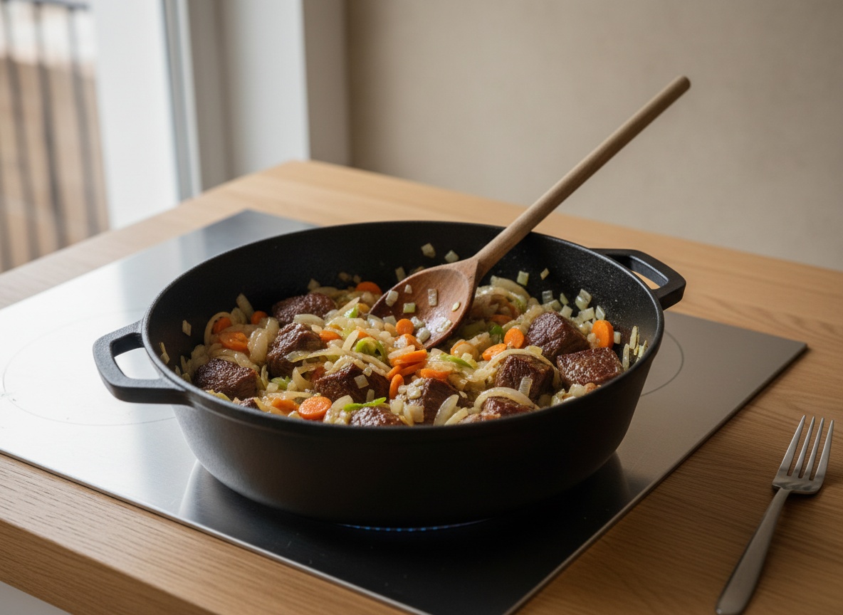 Cocotte sobre la placa con llama con cebolla, zanahoria y puerro sofriéndose; una pala de madera apoyada en el fondo entre los restos tostados de la carne, verdura translúcida y brillante.