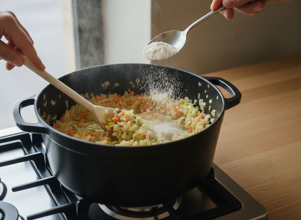 Cocotte sobre la placa con llama con el vino tinto hirviendo a fuego vivo sobre el sofrito, burbujas grandes y vapor, el líquido reducido dejando una marca oscura en la pared interior de la olla.