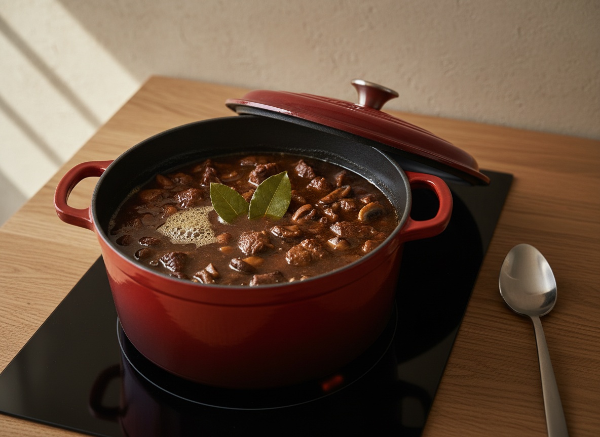 Cocotte tapada sobre la placa con llama al mínimo, la tapa entreabierta dejando ver el guiso cubierto de caldo oscuro con un burbujeo lento en un lado y dos hojas de laurel flotando.