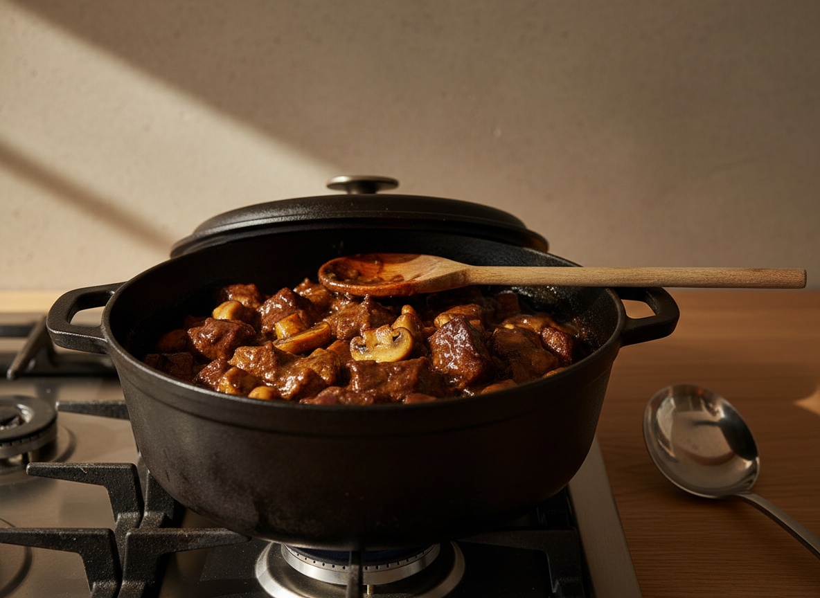 Cocotte destapada sobre la placa con llama, con el guiso oscuro y brillante y las setas doradas recién incorporadas; una cuchara de madera apoyada en el borde y la salsa espesa napando la carne.