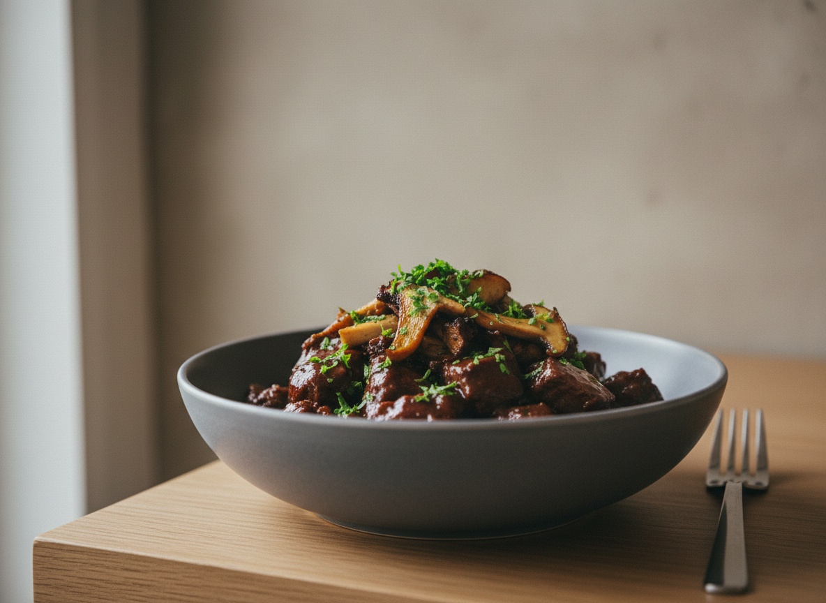 Dados de ternera guisada con setas en salsa oscura y brillante de vino tinto, servidos en un plato hondo de cerámica gris piedra mate con perejil picado.