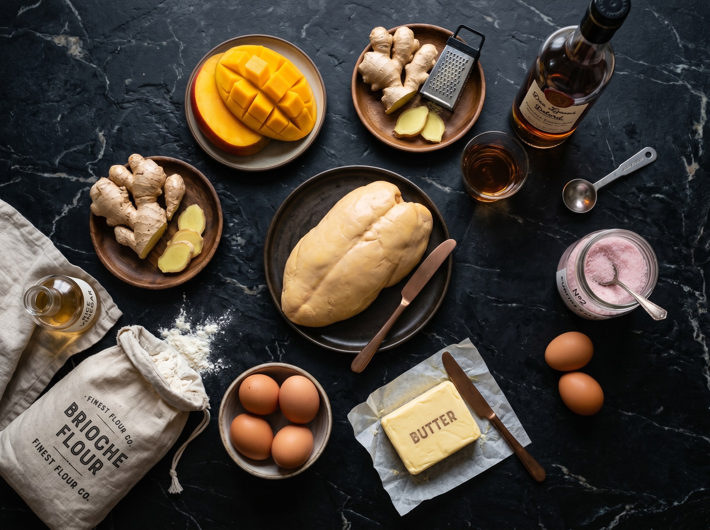 Ingredientes terrina foie gras: lobulo foie gras, mango, jengibre, vinagre arroz, sal curing, cognac, brioche