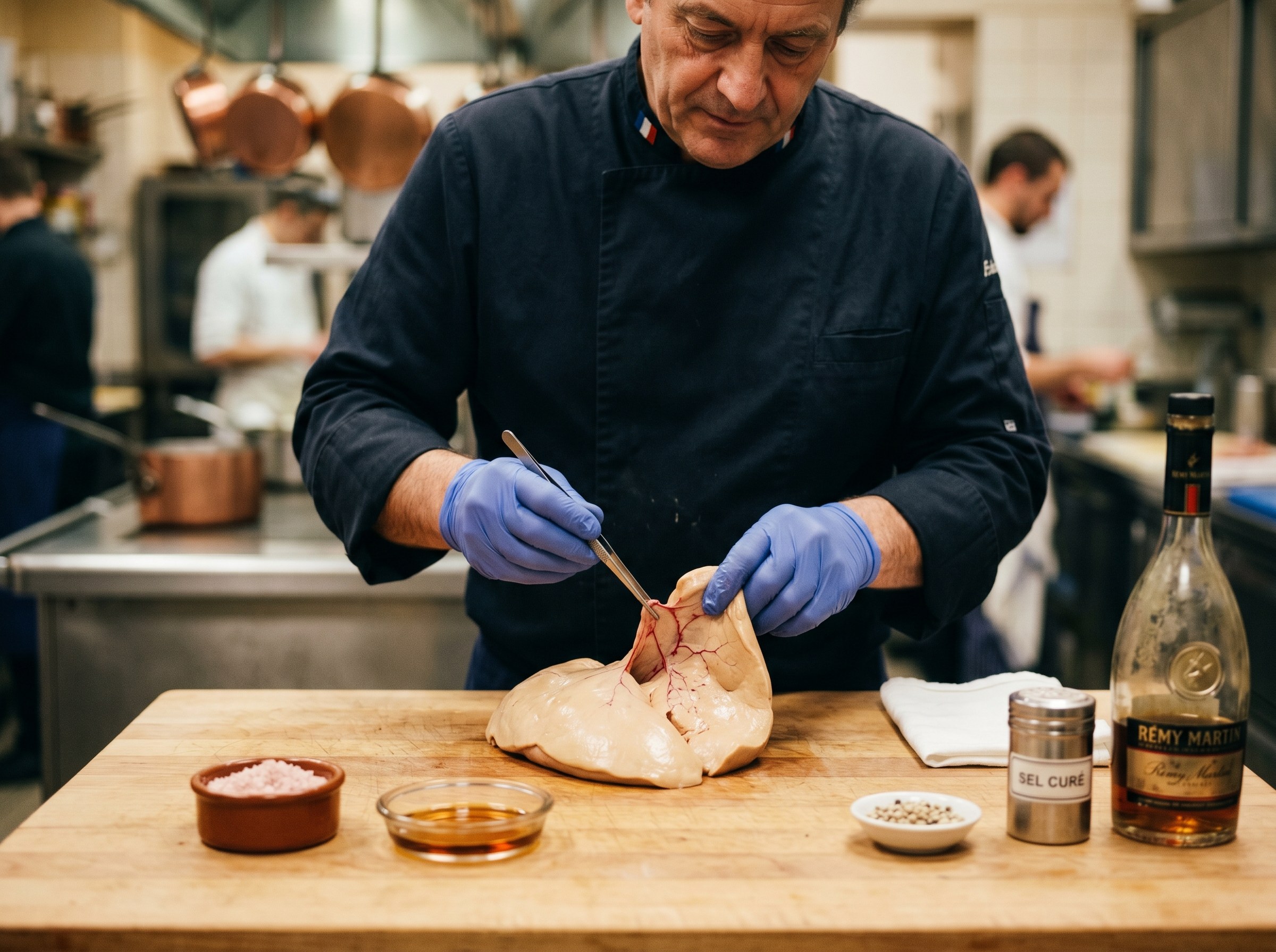 Foie gras siendo desvenado a temperatura ambiente con pinzas y marinado con sal curing y cognac