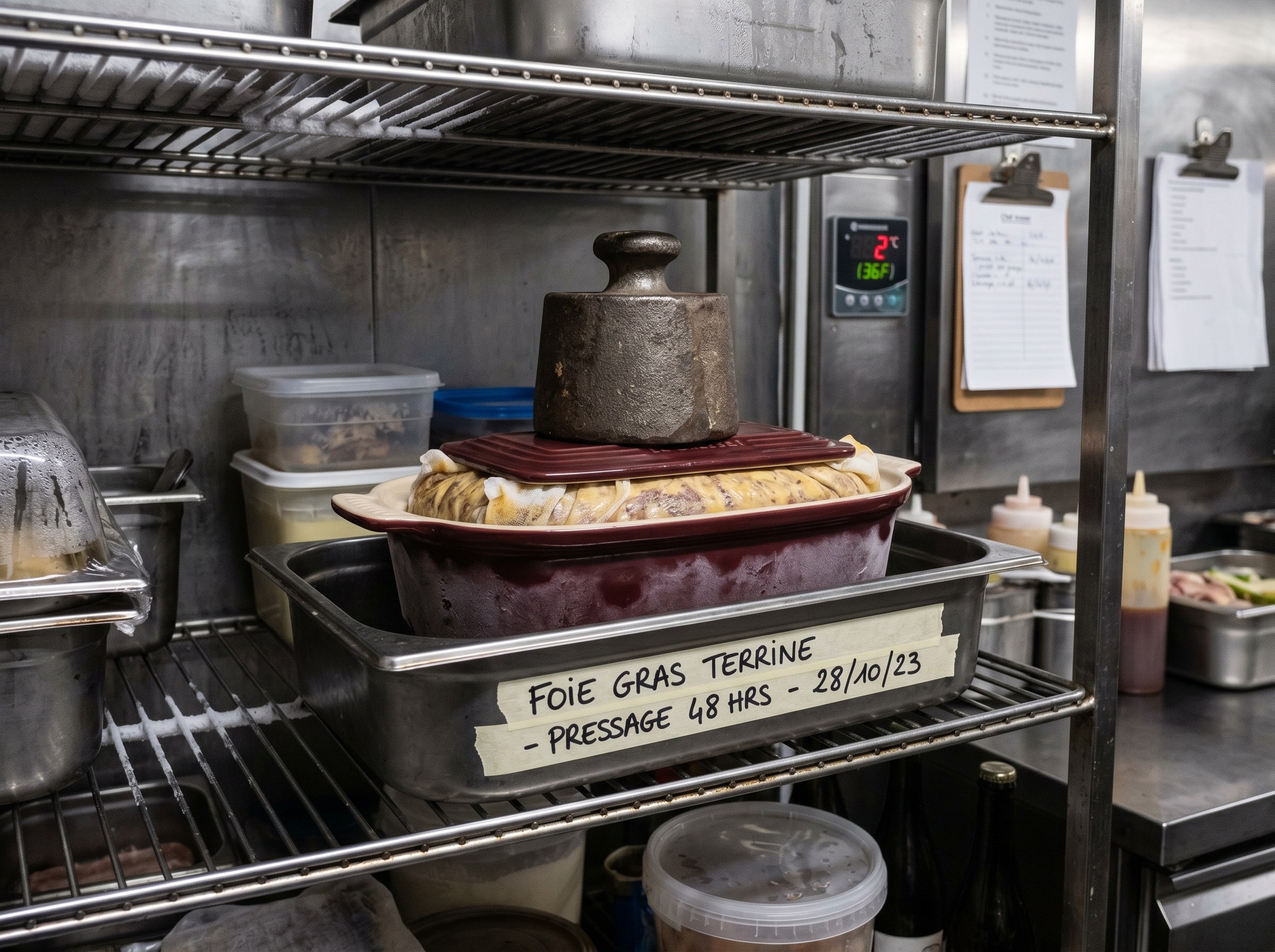 Terrina de foie siendo prensada bajo pesos en nevera durante 48 horas para compactar