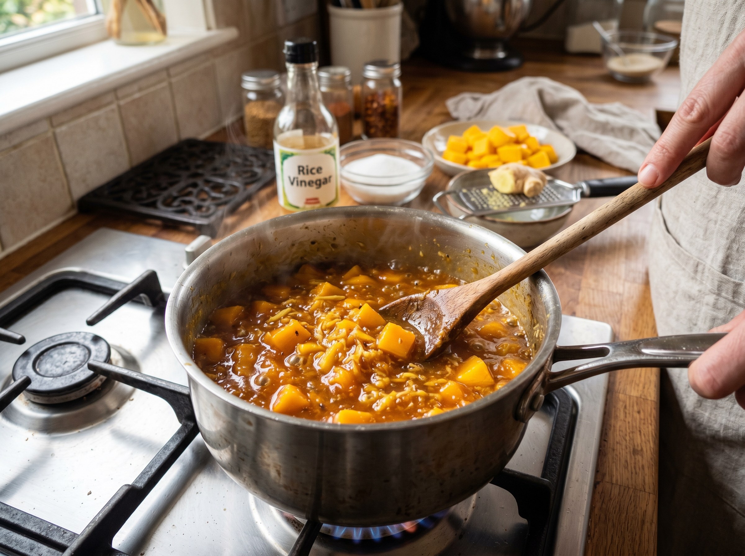 Chutney de mango con jengibre y vinagre de arroz cocinandose hasta mermelada espesa naranja