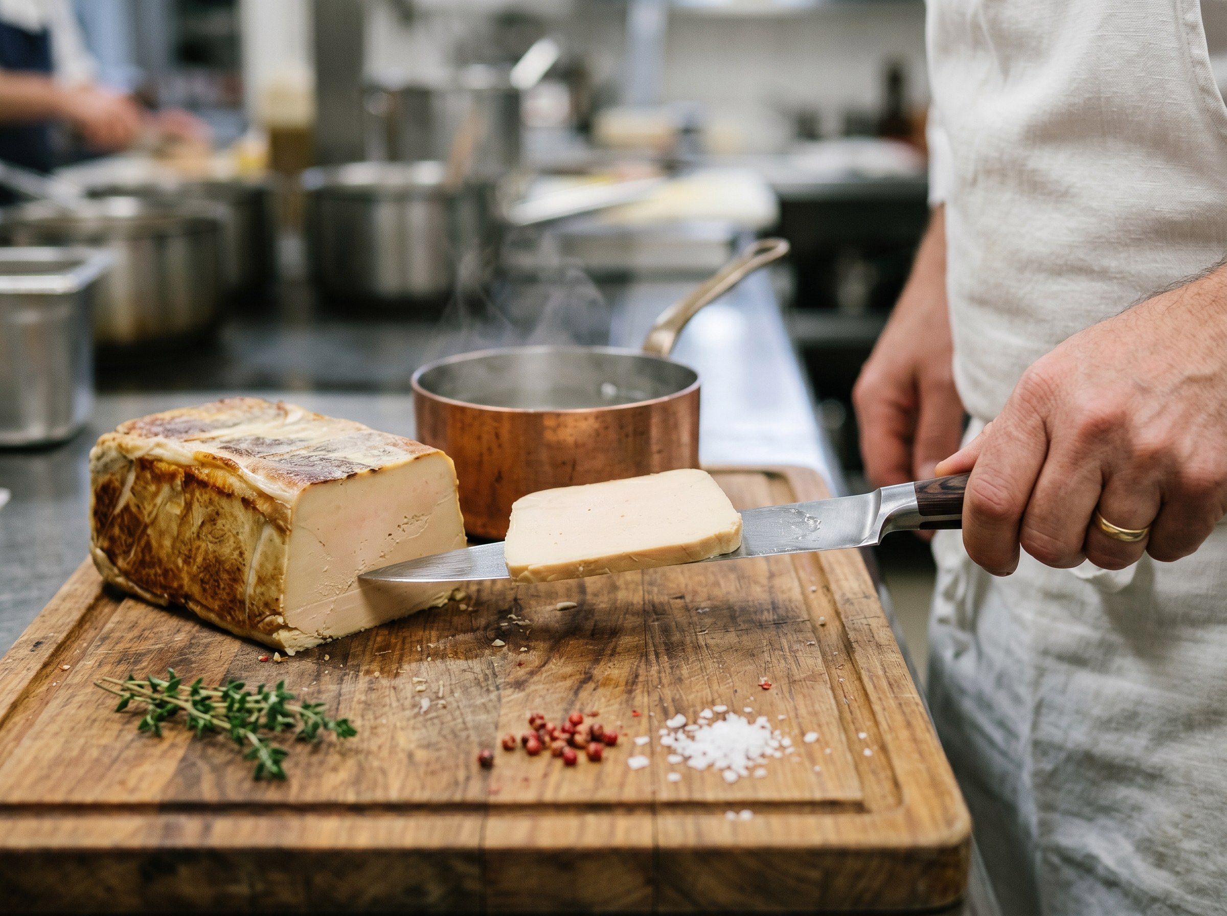 Terrina de foie gras siendo cortada con cuchillo caliente en laminas perfectas de 1cm