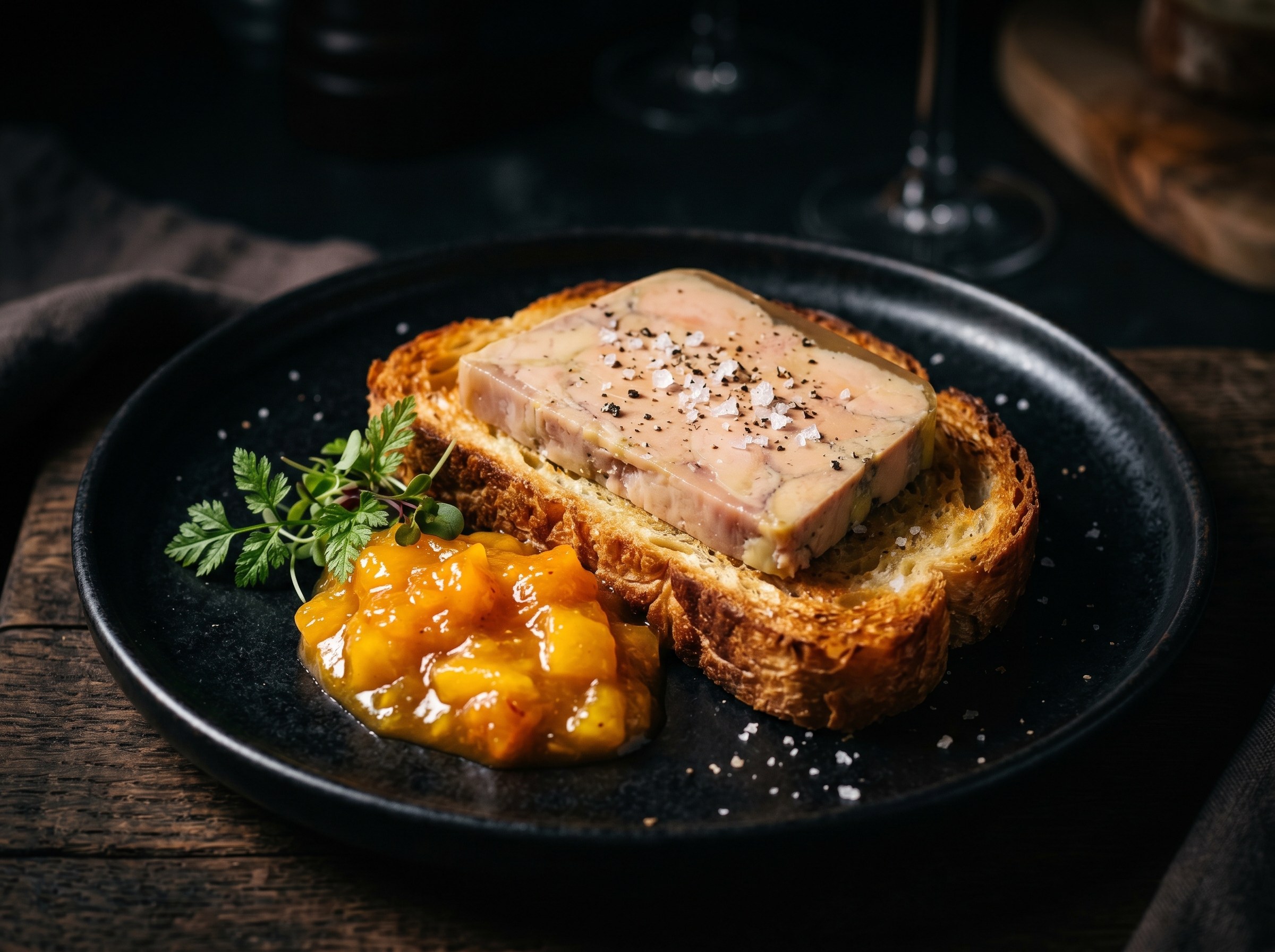 Terrina de foie gras de pato en lonchas mantecosas, con chutney de mango especiado y brioche casero tostado.