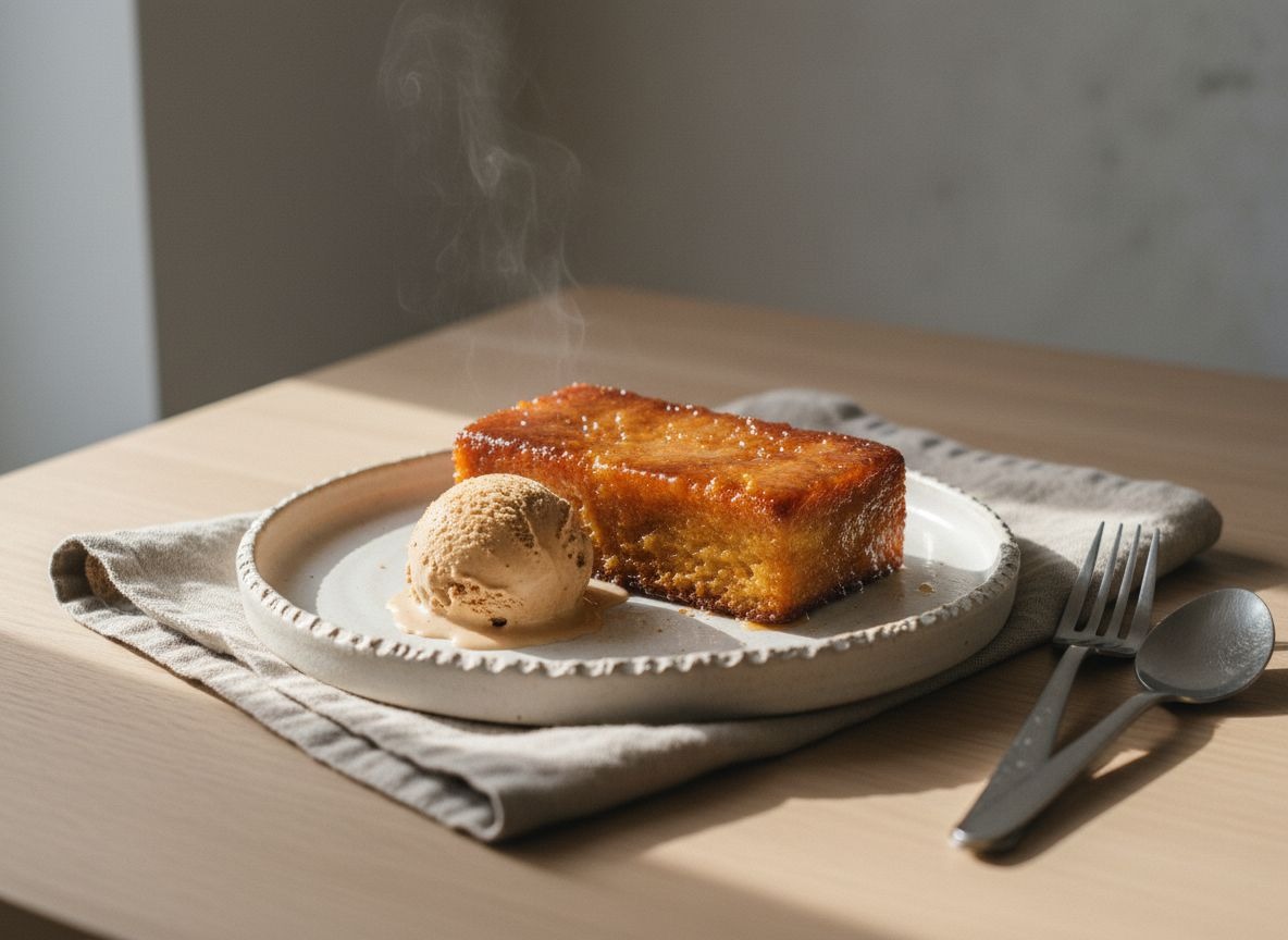Torrija de brioche con costra de caramelo brillante y dorada sobre plato blanco hueso, con una bola de helado de canela derritiéndose al lado, ligero vapor, luz natural suave desde la izquierda.