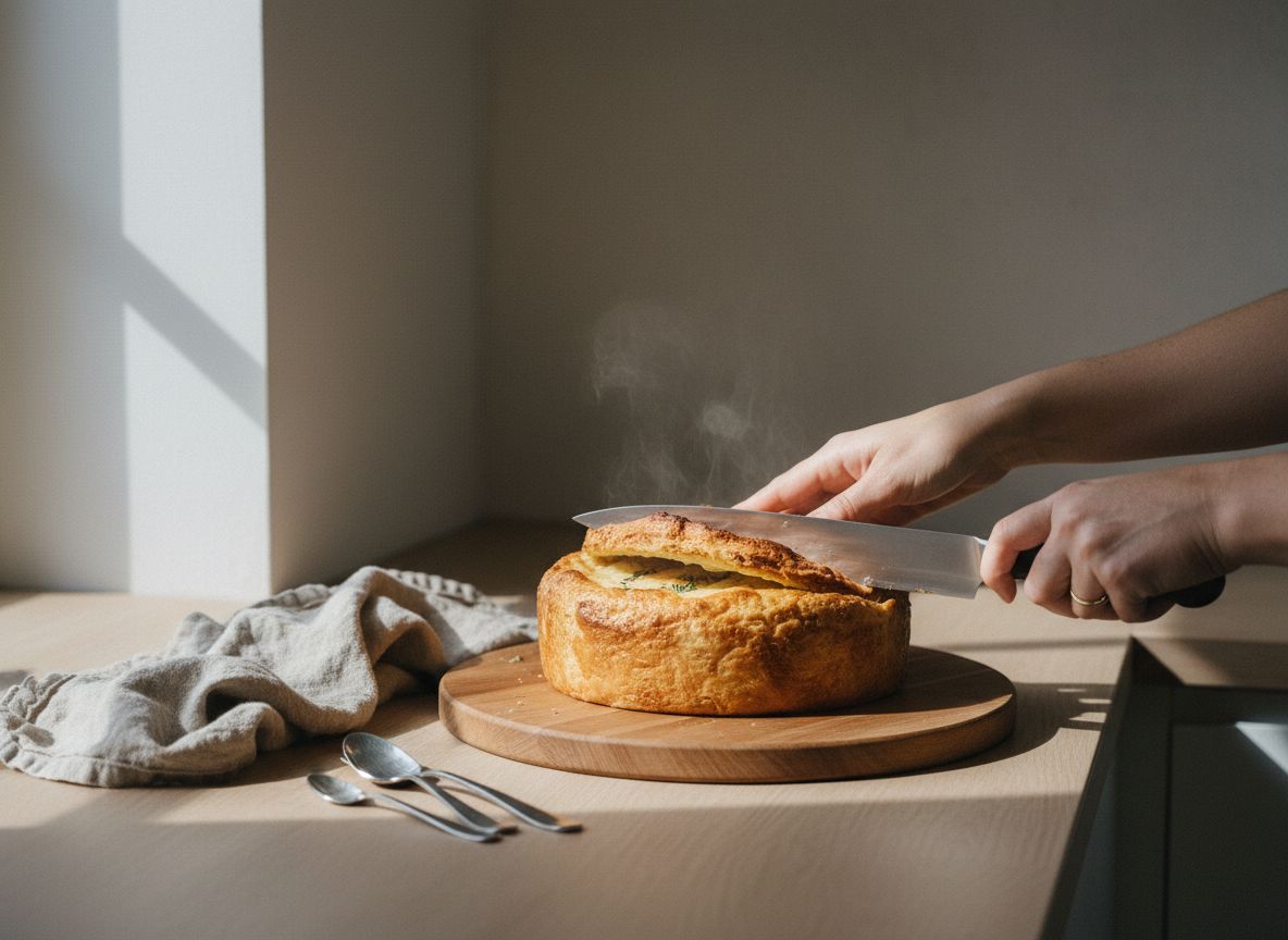 Saca la torta del horno y rebana la tapa superior con un cuchillo bien afilado, en horizontal y a un centímetro del