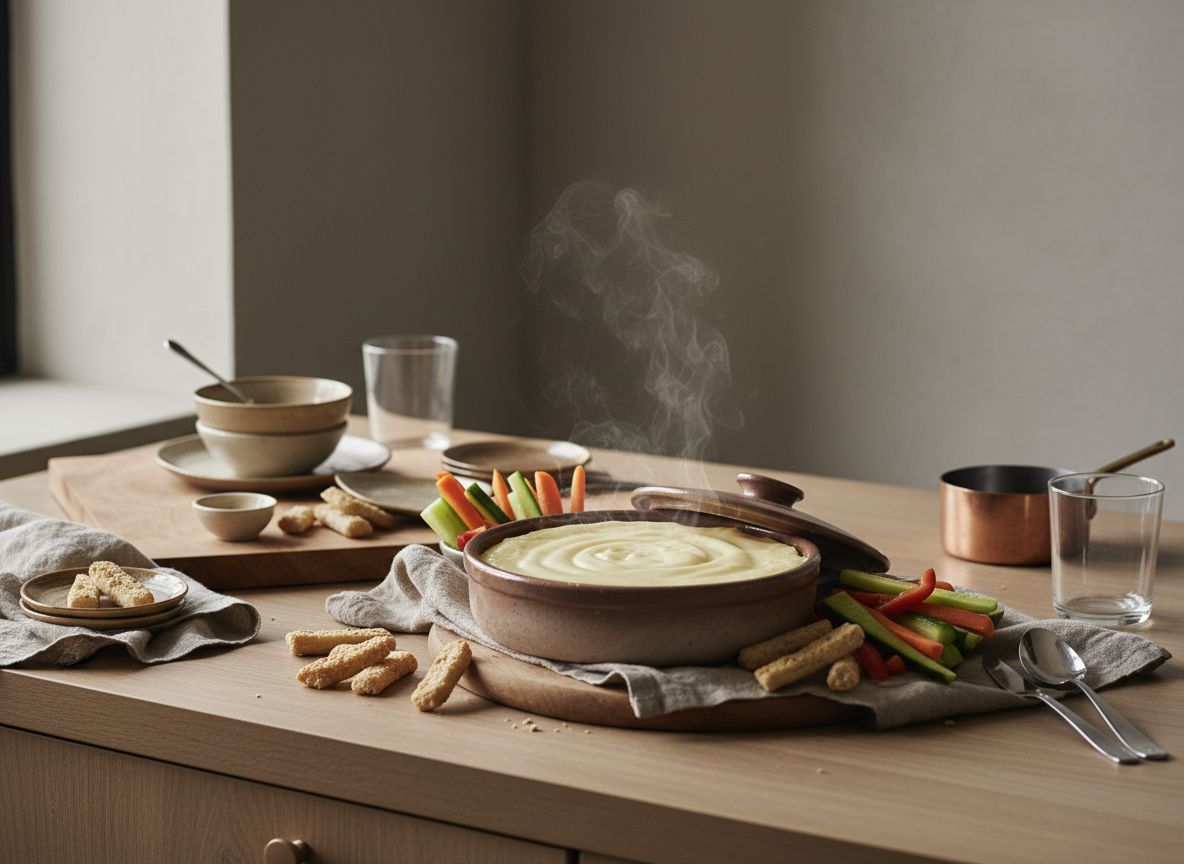 Torta del Casar horneada y abierta como una hucha con la crema interior fluida removida en remolino, rodeada de picos, bastones de pan tostado y crudités, en cazuela de barro