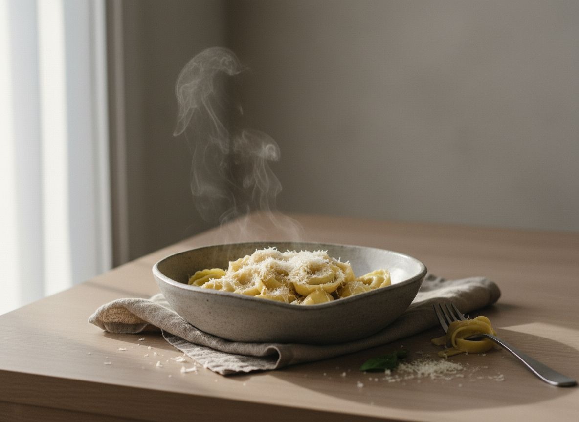 Tortellini diminutos en crema de nata y parmesano en cuenco de cerámica gris piedra, con parmesano rallado y un ligero vapor, luz natural suave desde la izquierda.