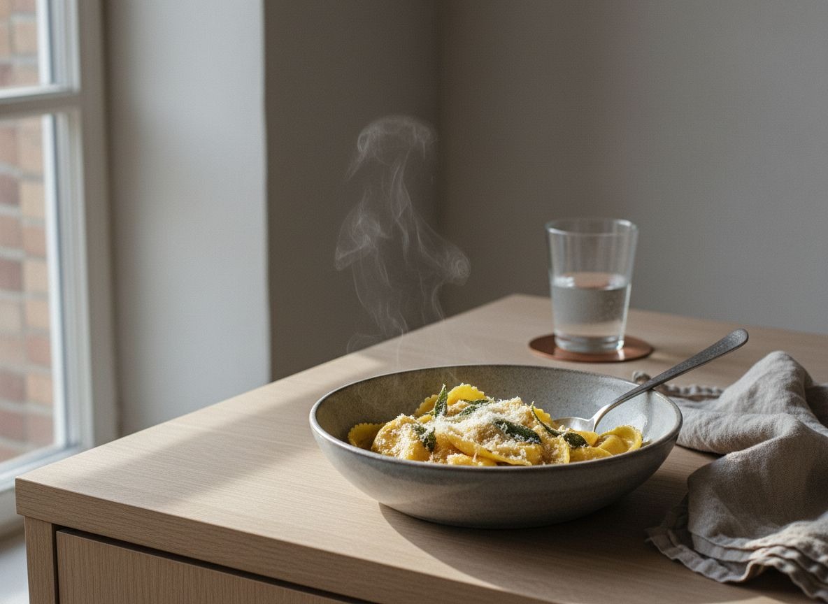 Tortelloni de calabaza napados con mantequilla avellanada y salvia en cuenco de cerámica gris piedra, con parmesano y un ligero vapor, luz natural suave desde la izquierda.