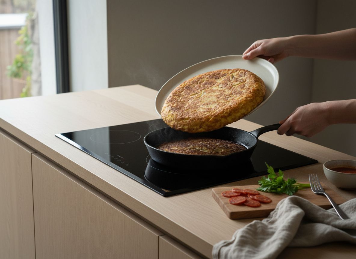 Voltea con un plato llano del tamaño de la sartén: tápala, sujeta el plato con la palma, gira con un movimiento dec