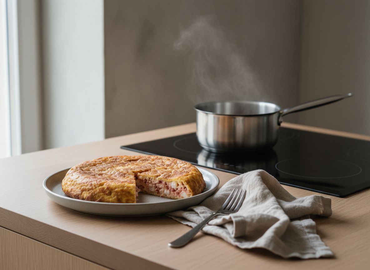 Tortilla de bacalao a la bilbaína con corte mostrando el interior cremoso rojizo por el choricero y lascas blancas de bacalao, dorada por fuera, en plato de cerámica gris piedra