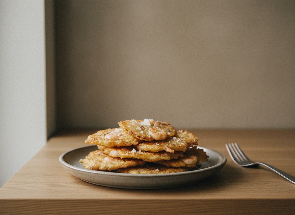 Tortillitas de camarones gaditanas, obleas doradas y crujientes de bordes de encaje con camarones enteros a la vista, apiladas sobre plato de cerámica hueso y roble mate con luz lateral por la izquierda.
