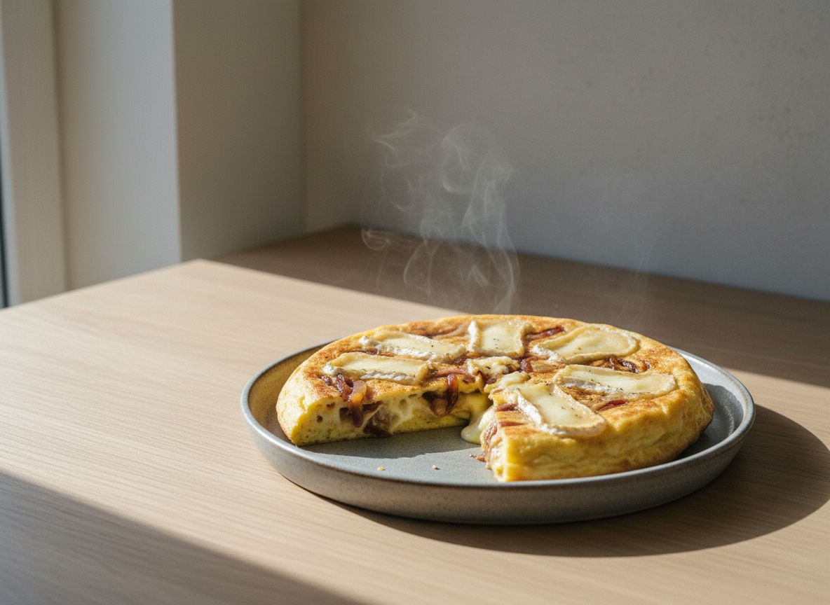 Tortilla de queso de cabra y cebolla confitada con una cuña cortada mostrando el interior cremoso con vetas blancas de queso y hebras caoba de cebolla, en plato de cerámica gris piedra