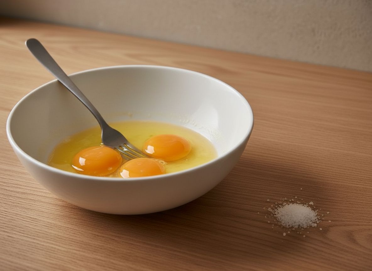 Bate 3 huevos por tortilla — se hacen de una en una, nunca las dos a la vez — con una pizca de los 2 g de sal fina