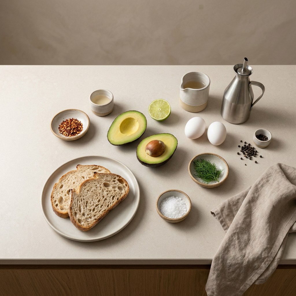 Mise en place: pan de masa madre, aguacate, lima, huevos, vinagre, guindilla y eneldo sobre superficie neutra