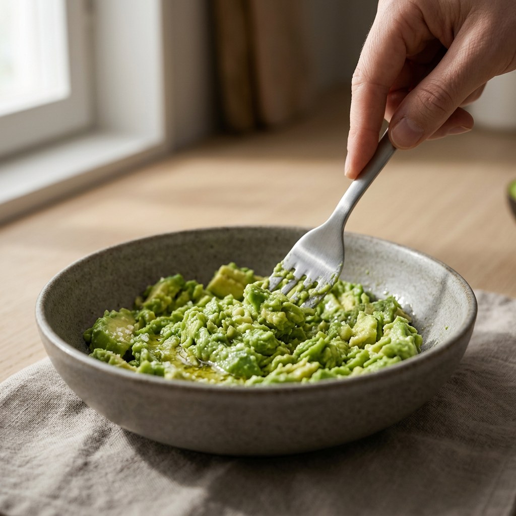 Aguacate machacado con lima y aceite en un bol