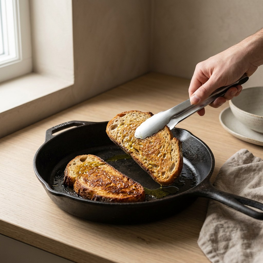 Rebanadas de pan de masa madre tostándose doradas