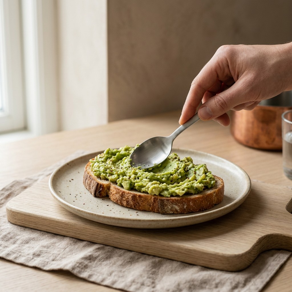 Aguacate machacado extendido sobre la tosta tostada