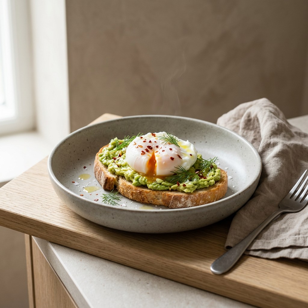 Sourdough avocado toast topped with a poached egg with runny yolk, chili flakes and dill in a speckled stone-grey bowl, soft left window light, fine dining brunch presentation