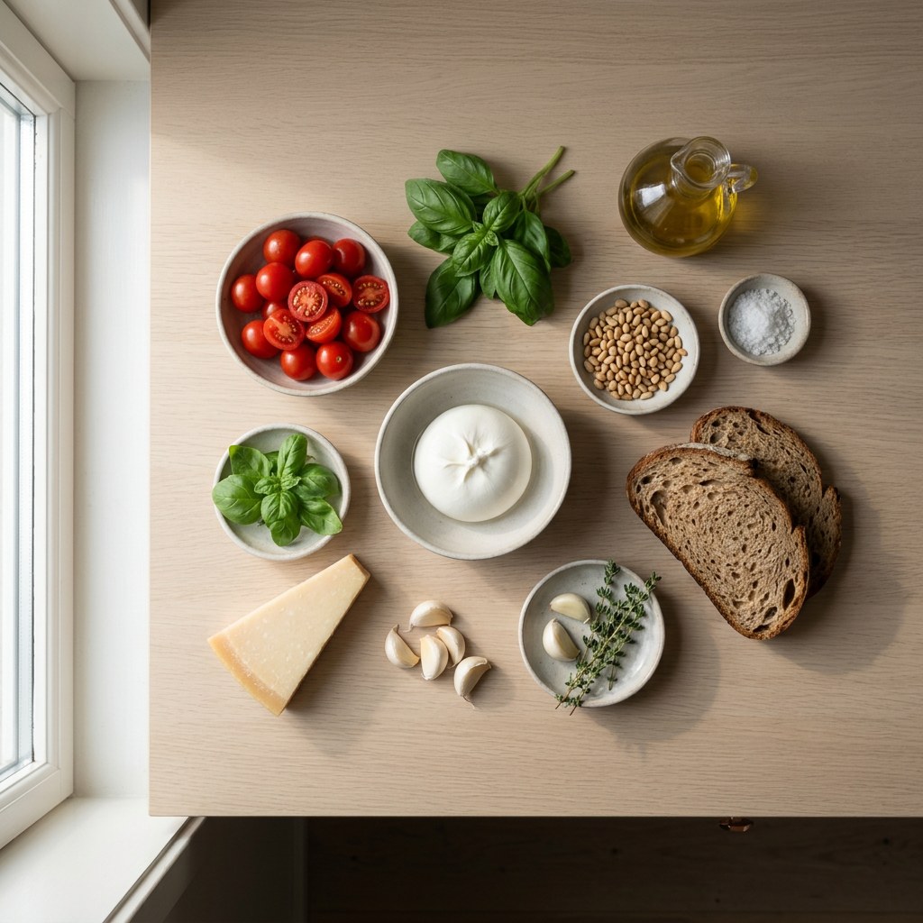 Mise en place: burrata, tomates cherry, albahaca, piñones, parmesano, ajo, pan y aceite sobre superficie neutra