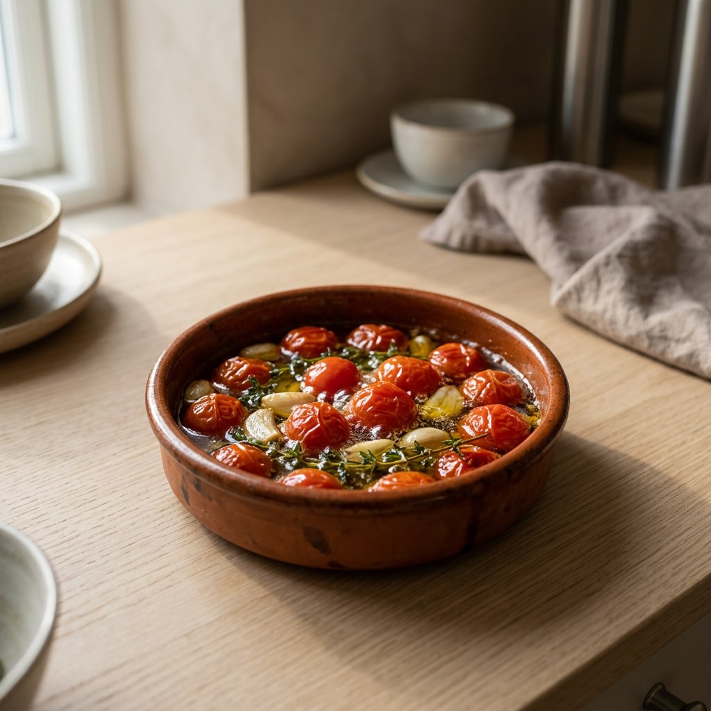 Tomates cherry confitándose en aceite con ajo y tomillo