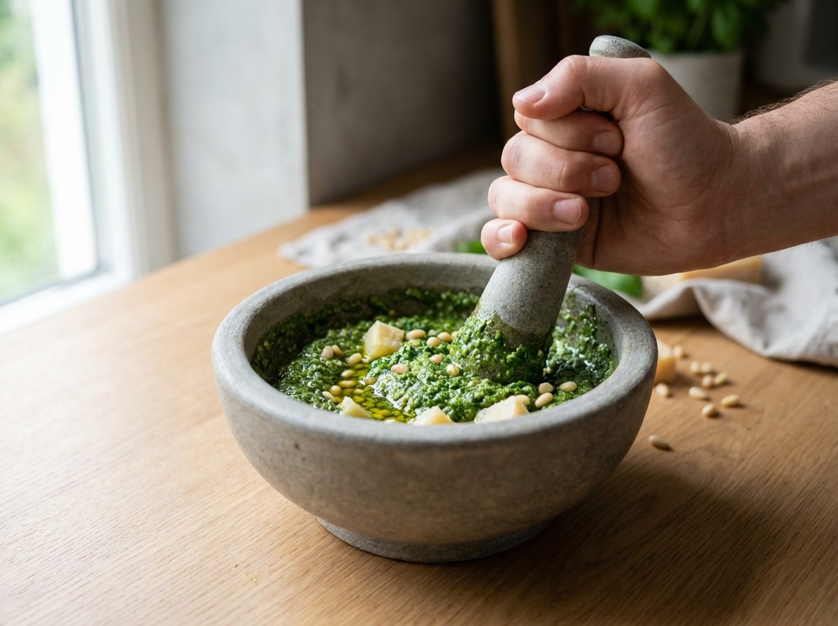 Pesto de albahaca triturándose con piñones y parmesano