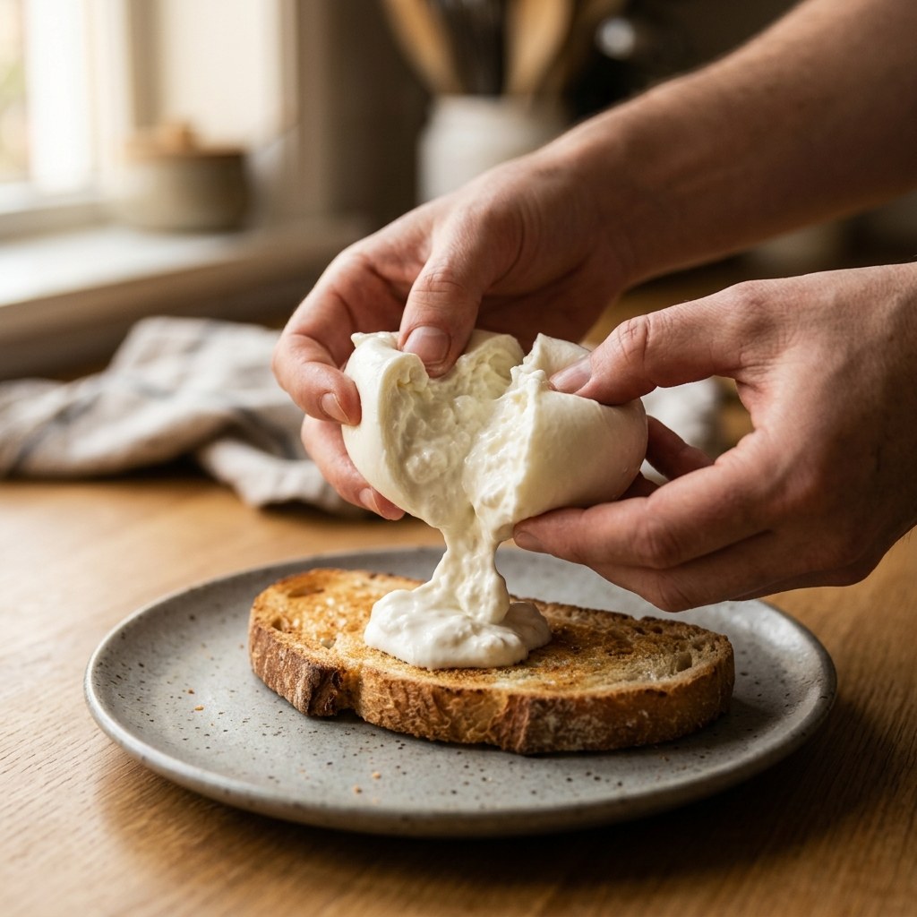 Burrata desgarrada con su interior cremoso sobre la tosta
