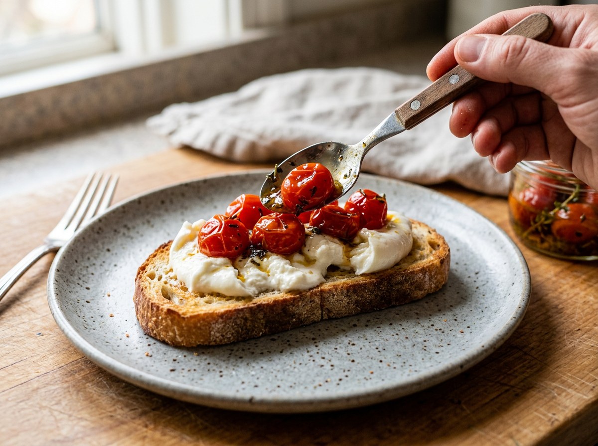 Tomates cherry confitados repartidos sobre la burrata