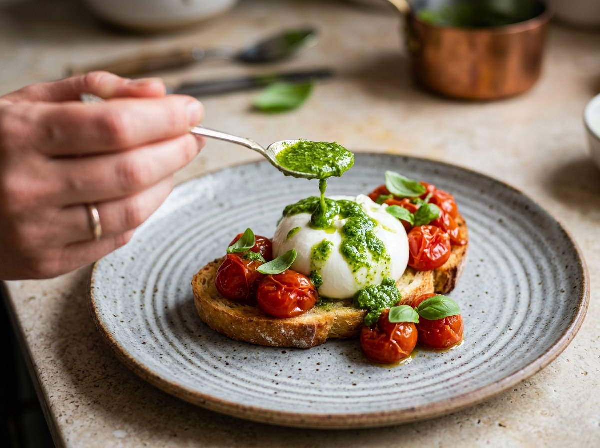 Pesto de albahaca napando la tosta de burrata con hojas de albahaca