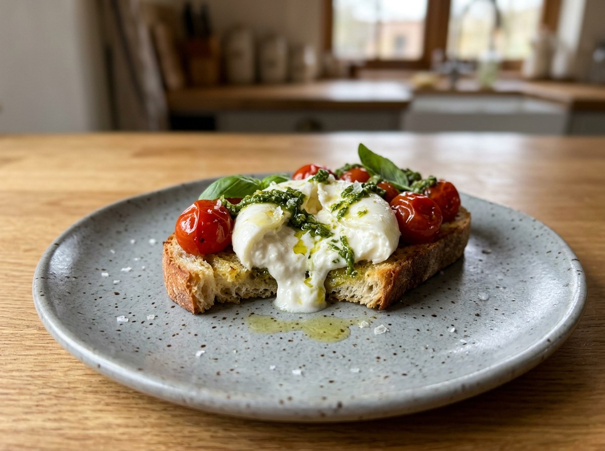 Burrata toast with slow-confit cherry tomatoes and fresh basil pesto, torn creamy burrata and basil leaves on a stone-grey ceramic plate, soft left window light, fine dining presentation