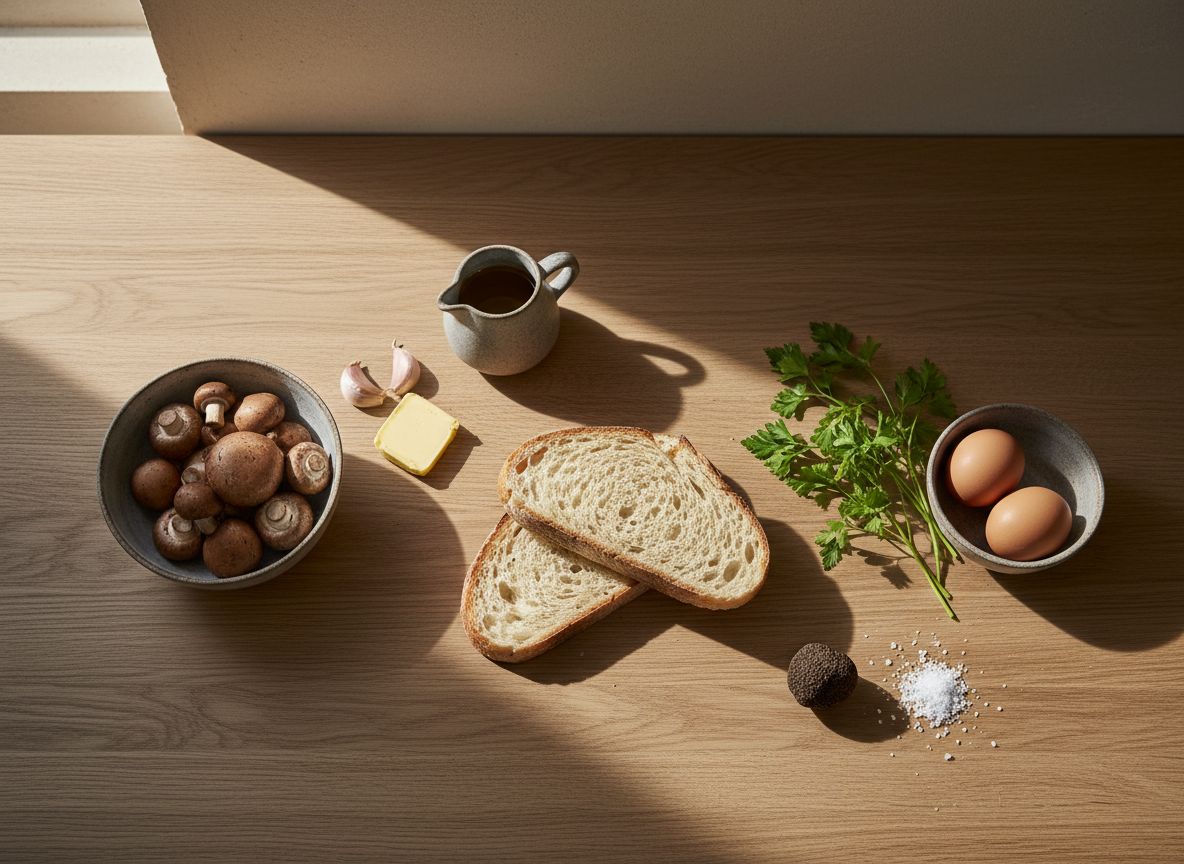 Mise en place: champiñones, huevos, trufa negra, ajo, perejil, pan y aceite sobre superficie neutra