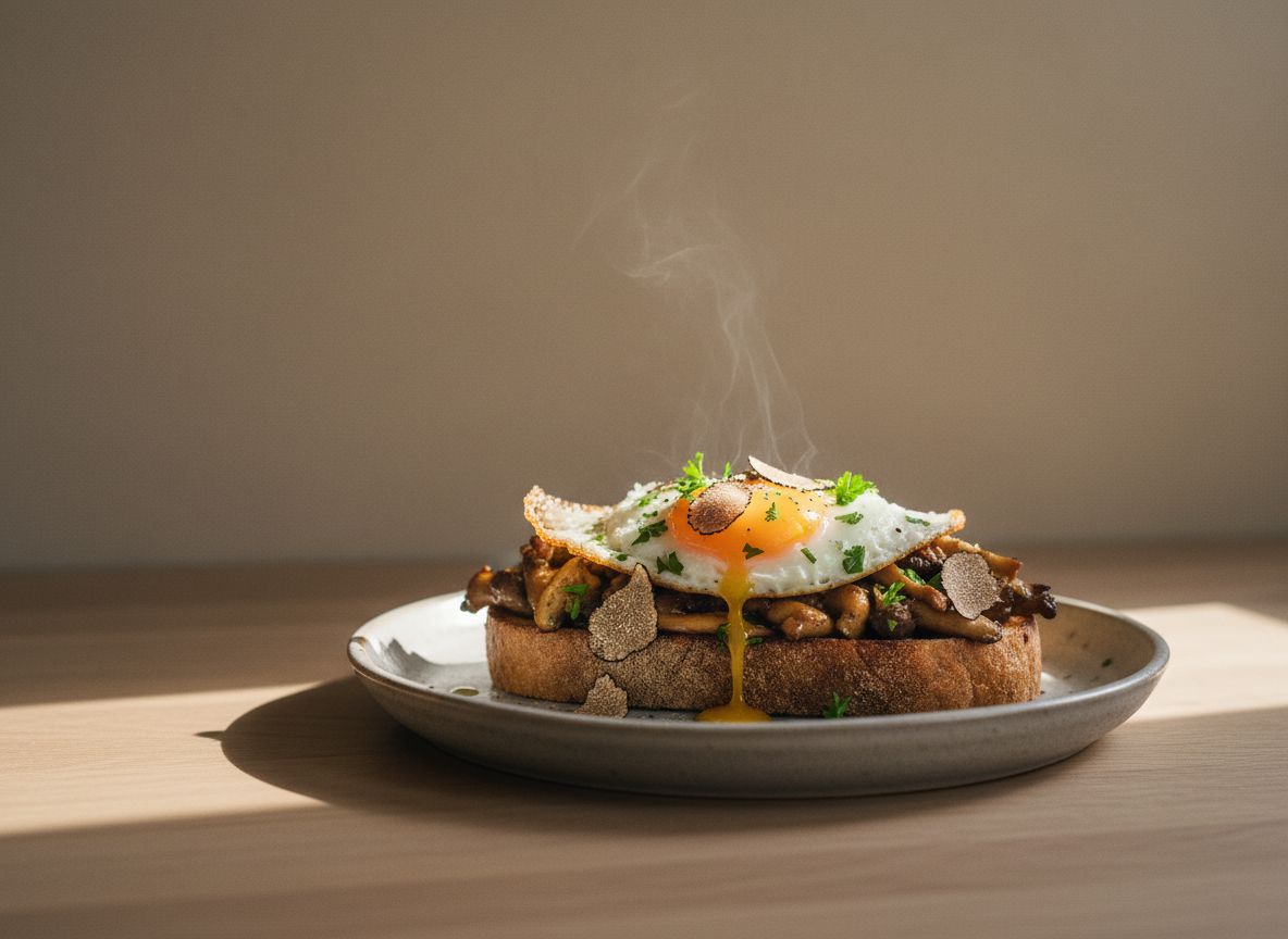 Tosta de pan rústico con champiñones salteados dorados, huevo frito de yema líquida y láminas de trufa negra recién rallada, con un hilo de aceite, en plato de gres gris piedra, luz natural desde la izquierda y leve vapor
