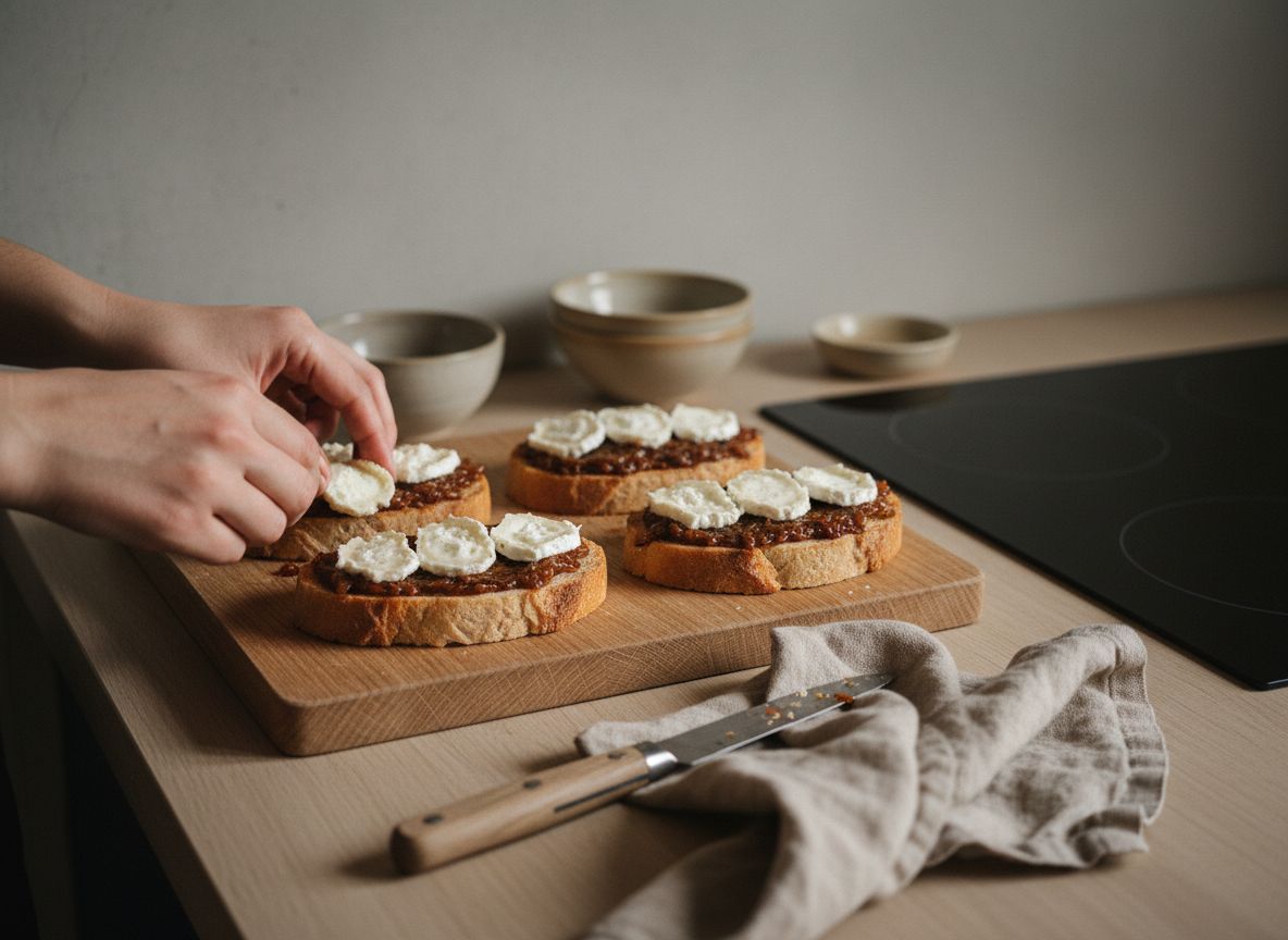 Monta sobre la cara tostada de cada rebanada un colchón generoso de cebolla caramelizada, unos 40 g por tosta, exte
