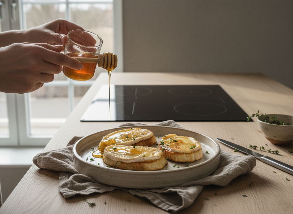 Saca las tostas y riega cada una con la miel en hilo fino, unos 10 g por tosta, sobre el queso todavía burbujeante