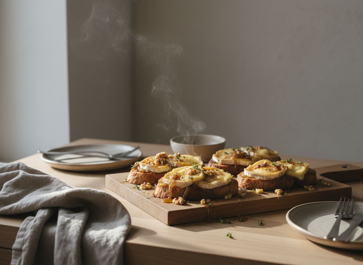Tostas de pan de hogaza con cebolla caramelizada caoba, medallones de queso de cabra gratinados dorados y burbujeantes, hilo de miel y nueces, sobre tabla de roble