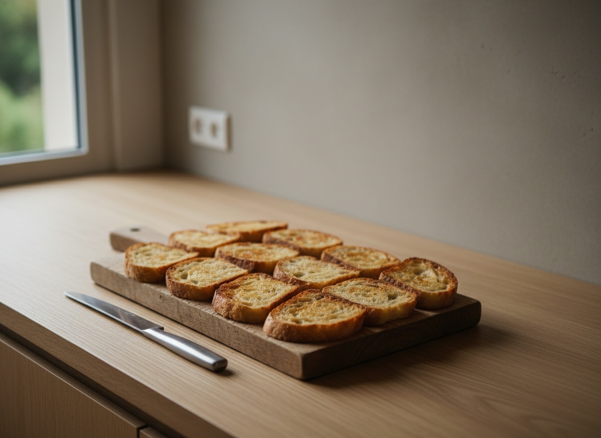 Rebanadas de pan payés doradas y crujientes recién tostadas sobre la tabla.